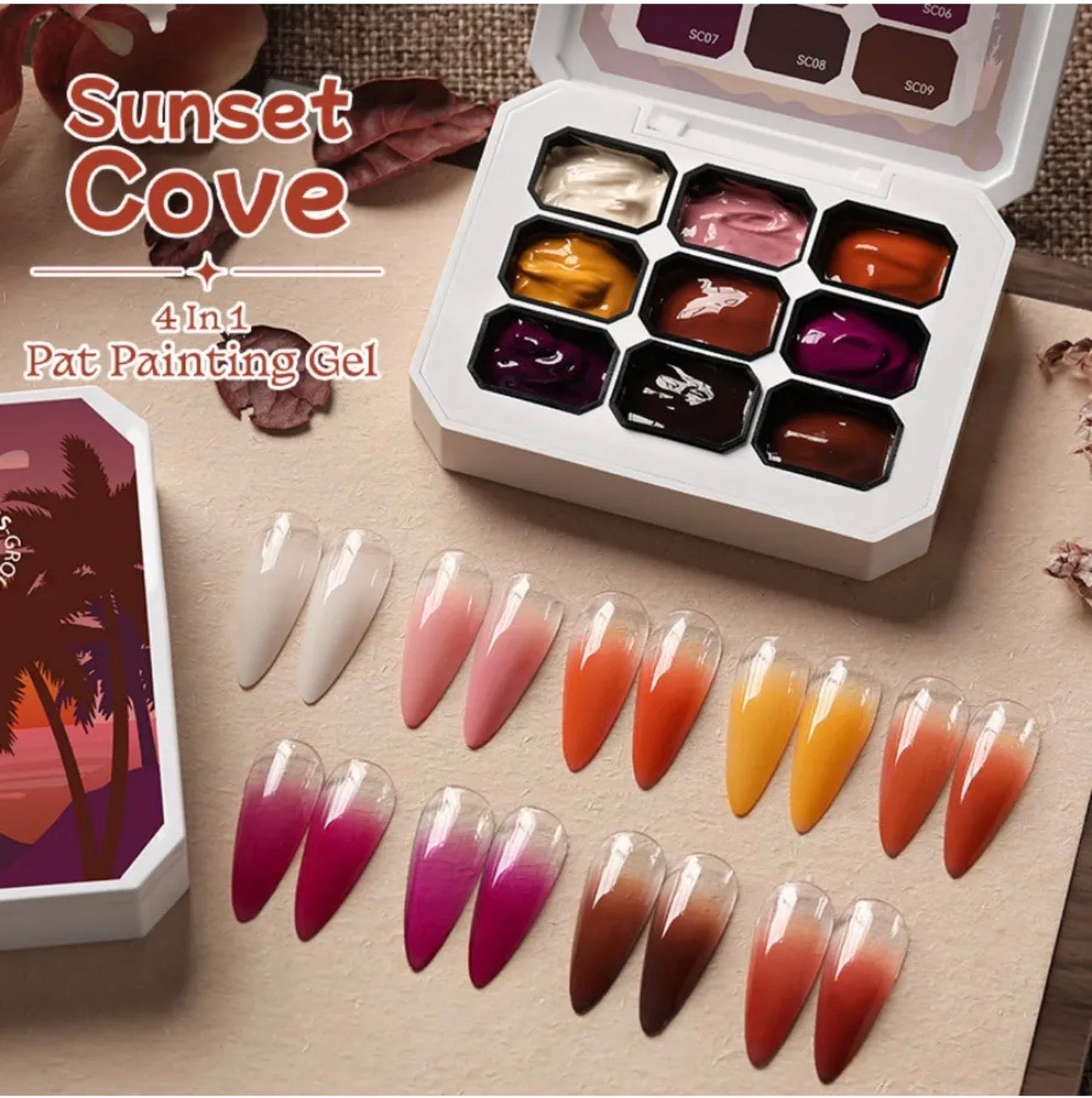 Sunset Cove 4-in-1 Pat Painting Gel Set – 9 Colors Nail Art Gel Kit | NailProUSA