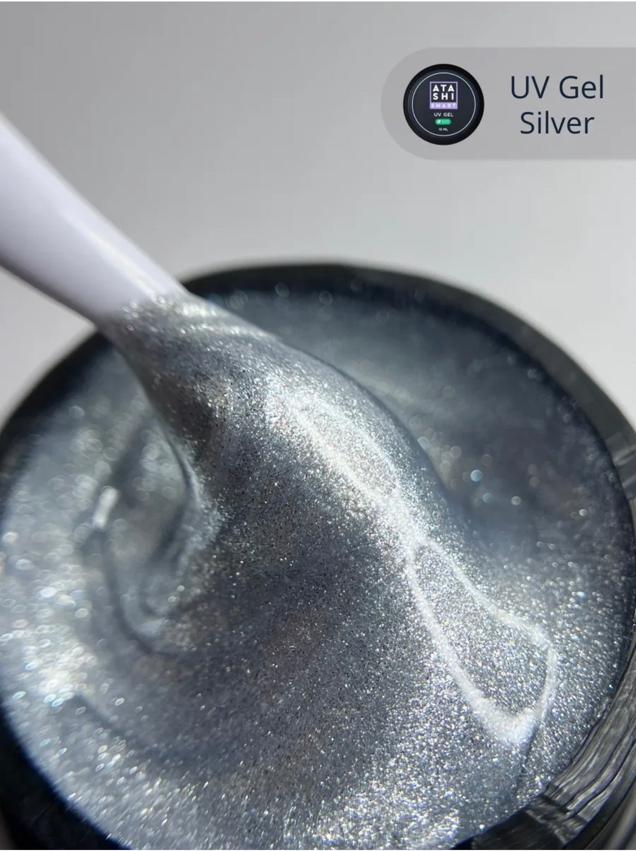 ATASHI SMART UV Gel Silver– 15ml Reflective Glitter Builder Gel | NailProUSA